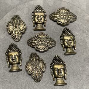 Brass Buddha Head Floral Beads Lacquered Brass Beads Charms Lot Of 8